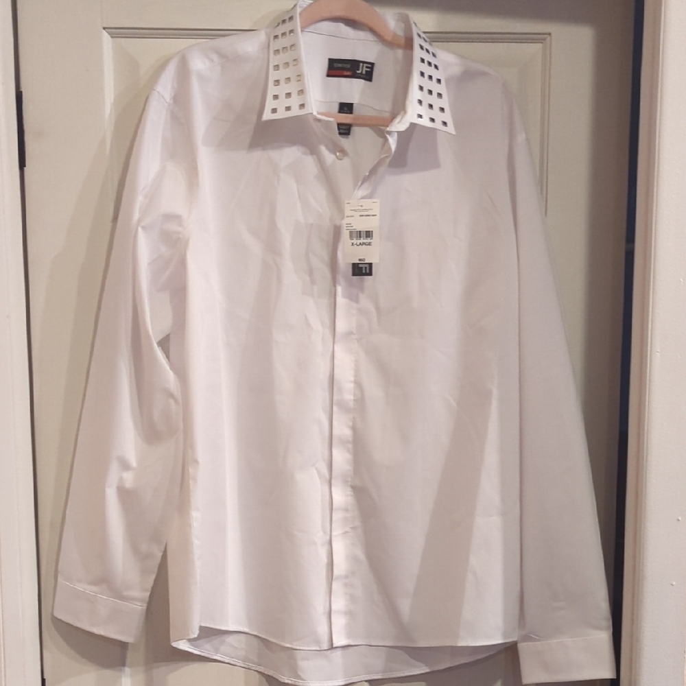 JF J.Ferrar Men's White Dress Shirt with Studded Collar
